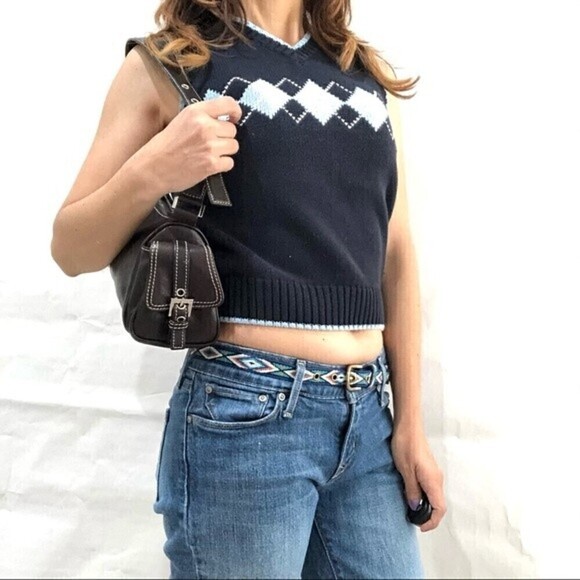 Cropped Argyle Sweater Vest Color Blue Small - Picture 3 of 7
